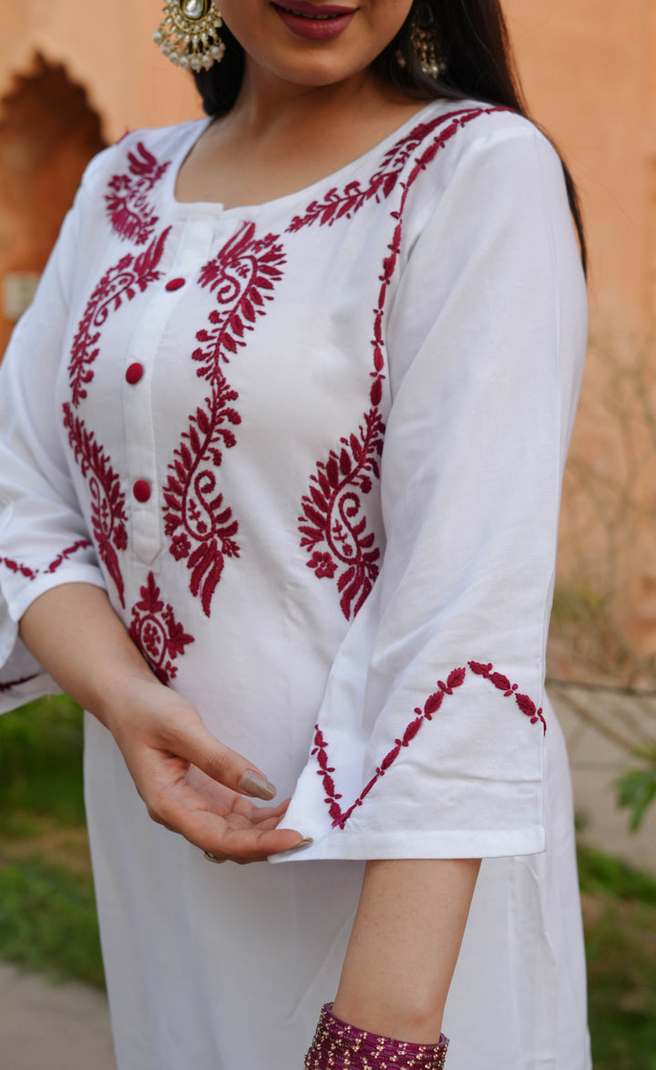 White Rayon Chikankari kurta With Pant Set