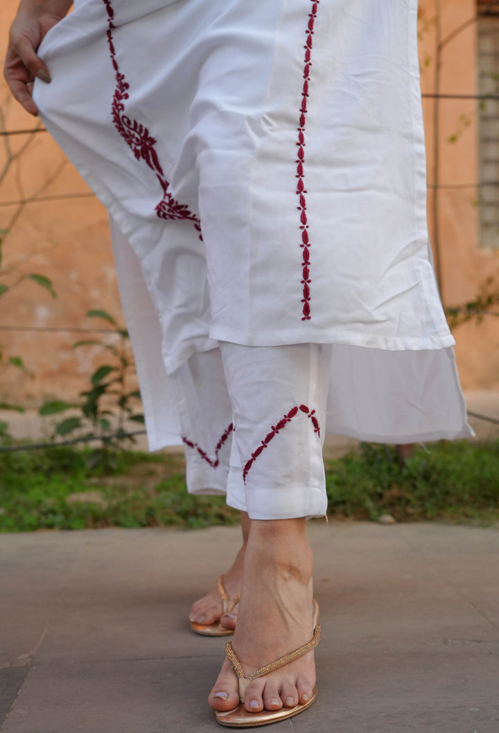 White Rayon Chikankari kurta With Pant Set