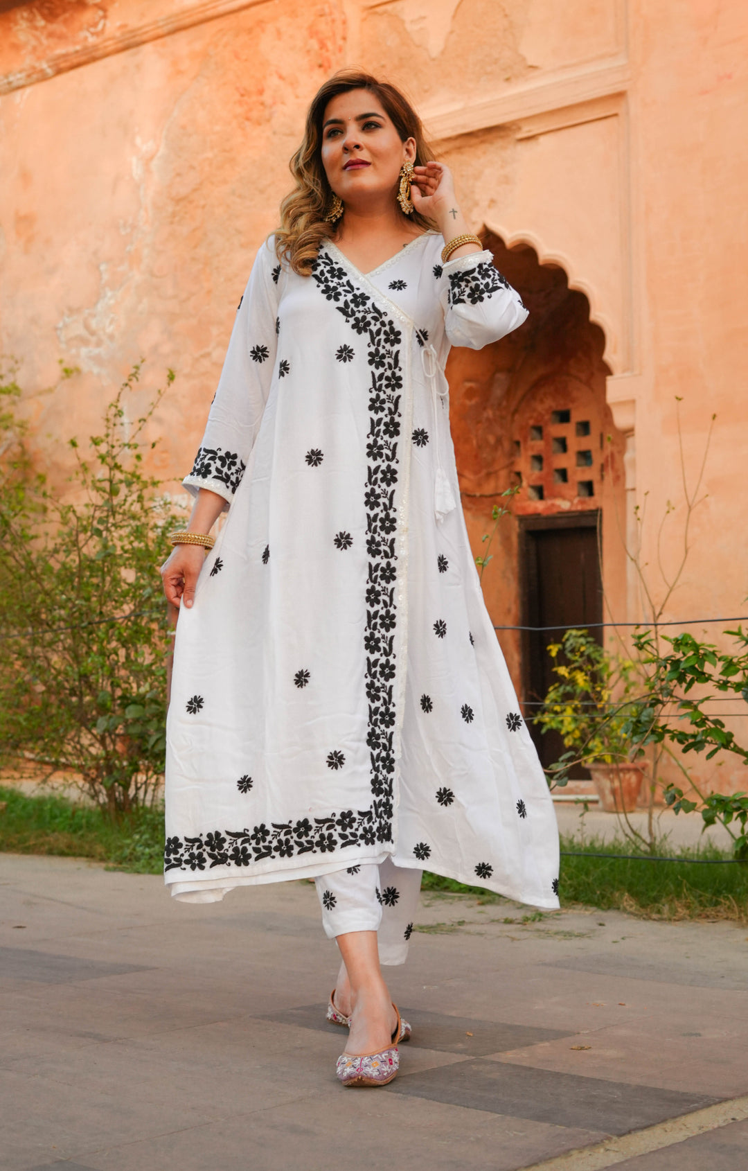 White Rayon Chikankari Angrakha Kurta With Pant Set