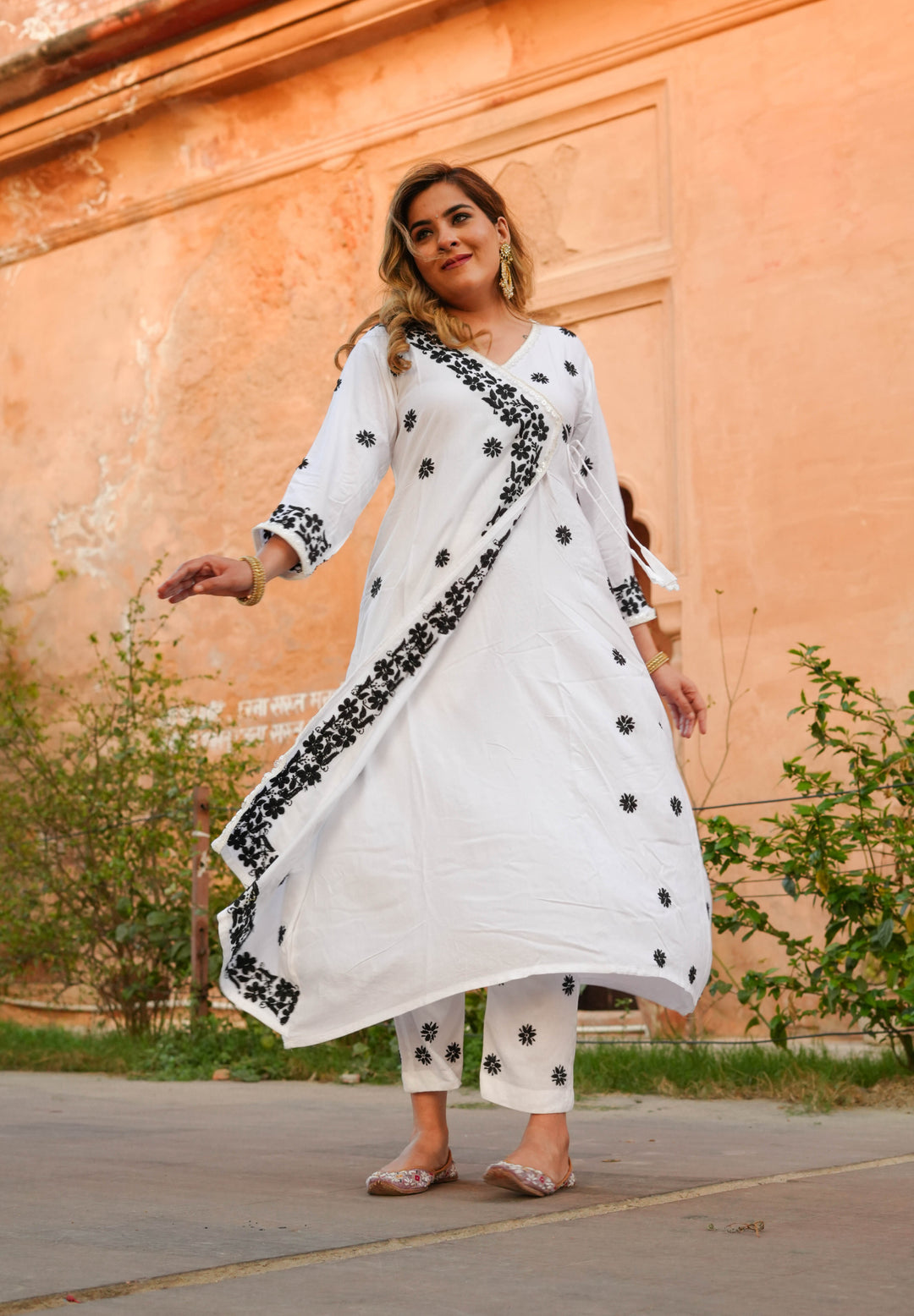 White Rayon Chikankari Angrakha Kurta With Pant Set