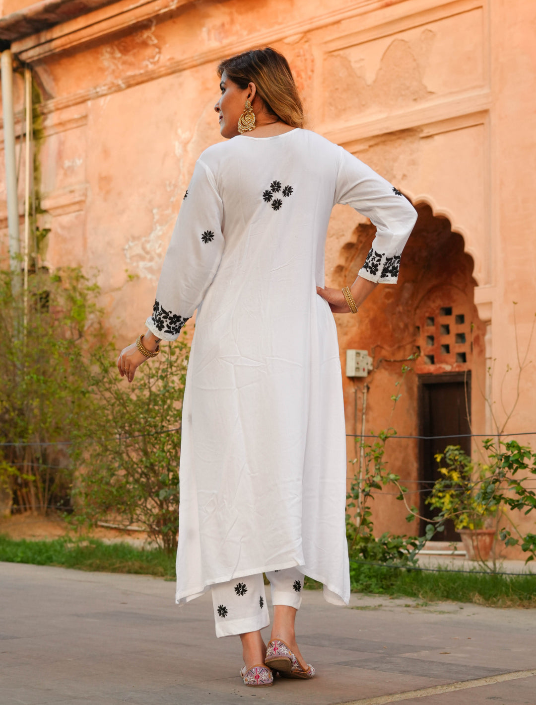 White Rayon Chikankari Angrakha Kurta With Pant Set