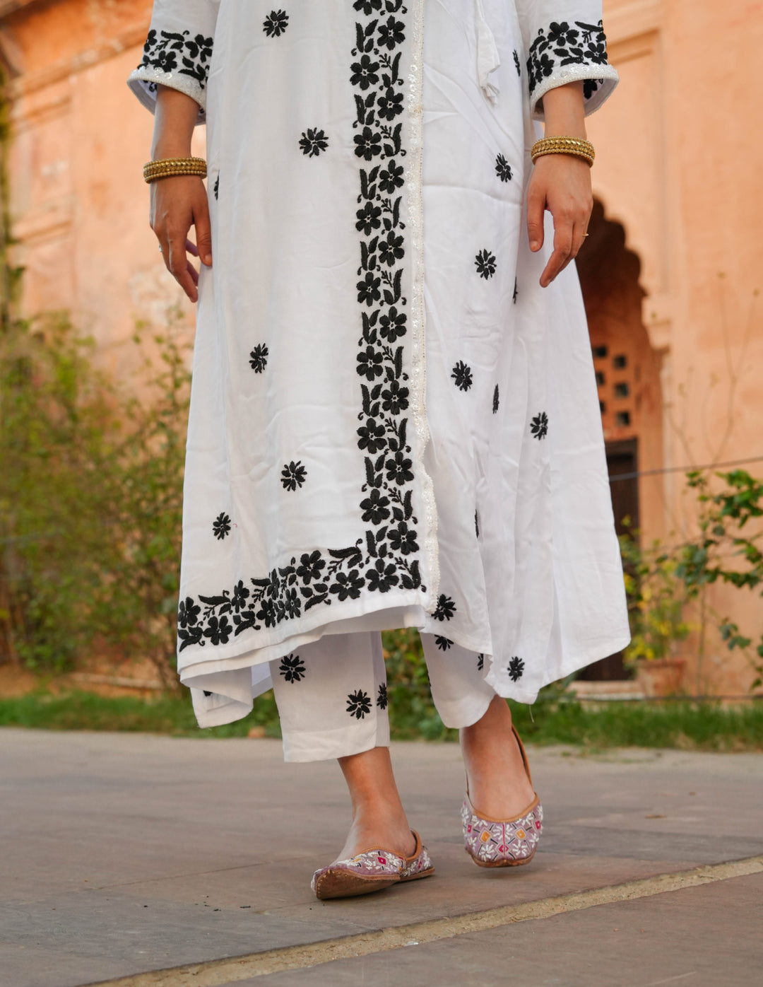 White Rayon Chikankari Angrakha Kurta With Pant Set