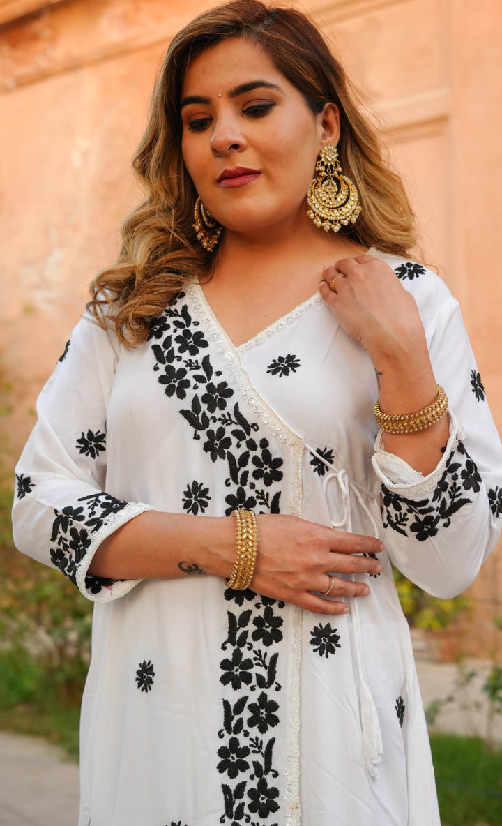 White Rayon Chikankari Angrakha Kurta With Pant Set