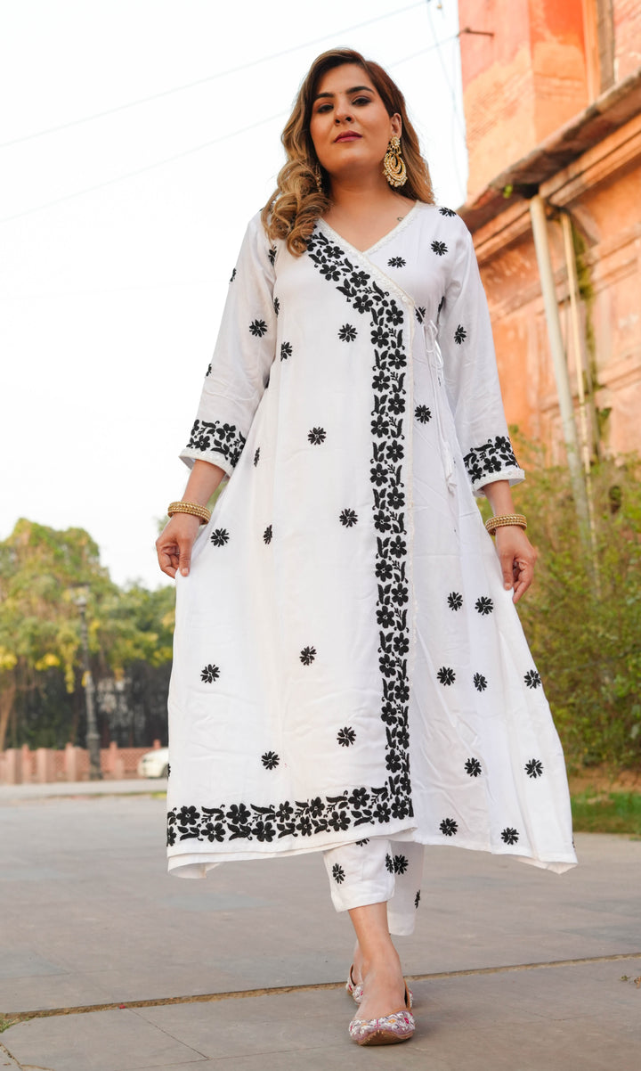 White Rayon Chikankari Angrakha Kurta With Pant Set
