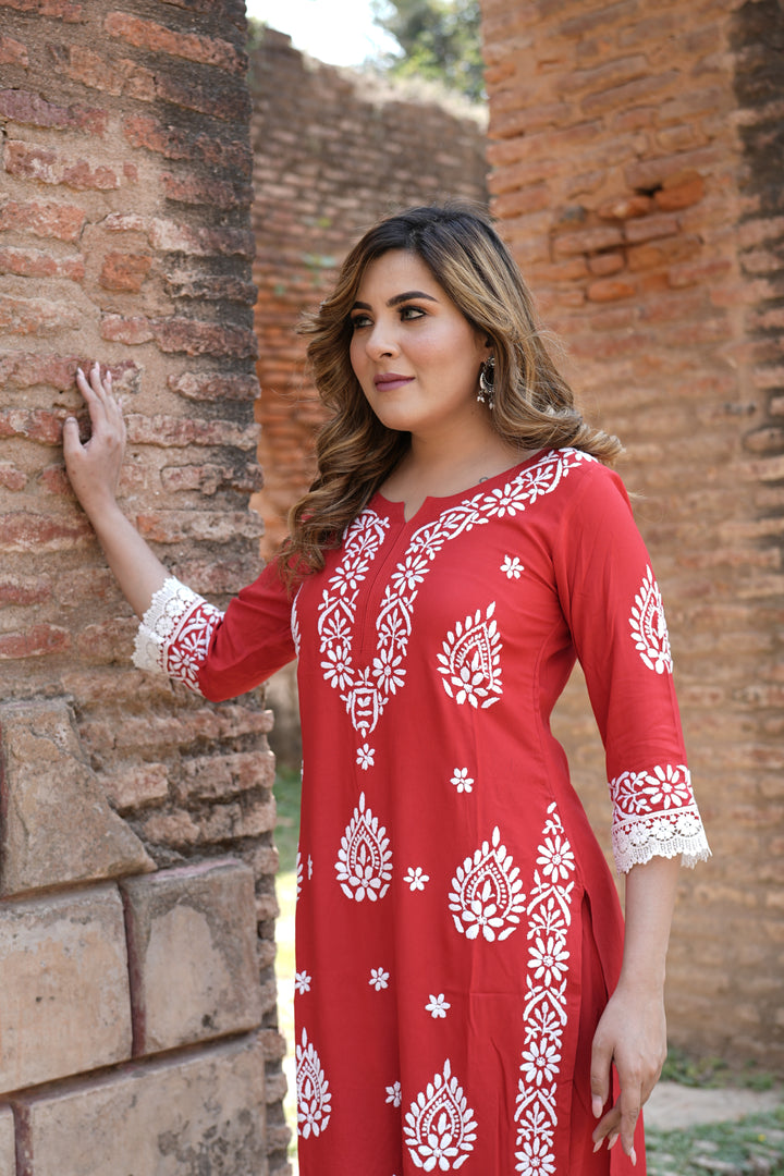 Red Rayon Chikankari Kurta With Pant Set -Custom Made