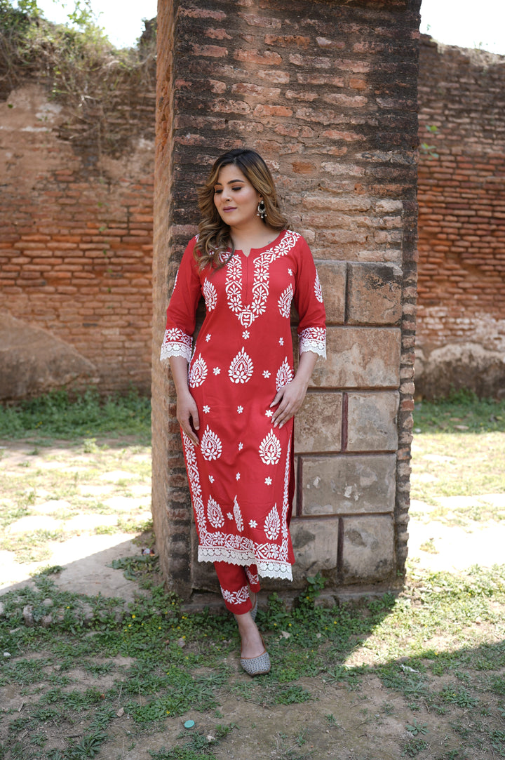 Red Rayon Chikankari Kurta With Pant Set -Custom Made