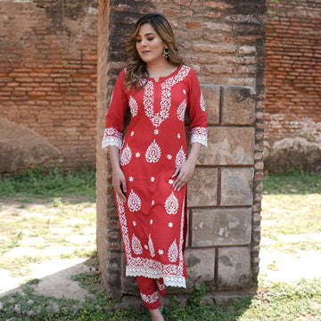 Red Rayon Chikankari Kurta Pant  Set