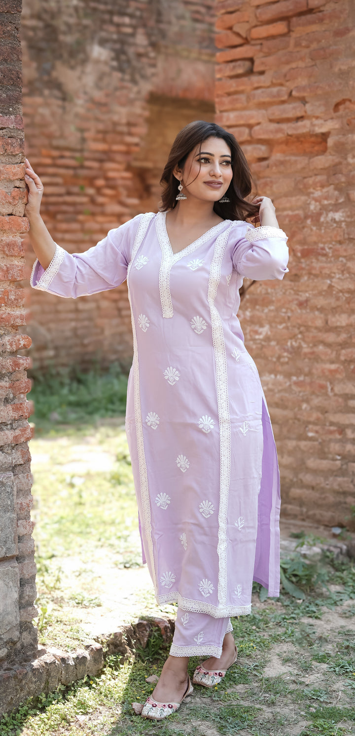 Lavender Rayon Chikankari Kurta with Pant Set-Custom Made