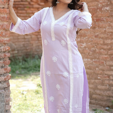 Lavender Rayon Chikankari Kurta Pant Set