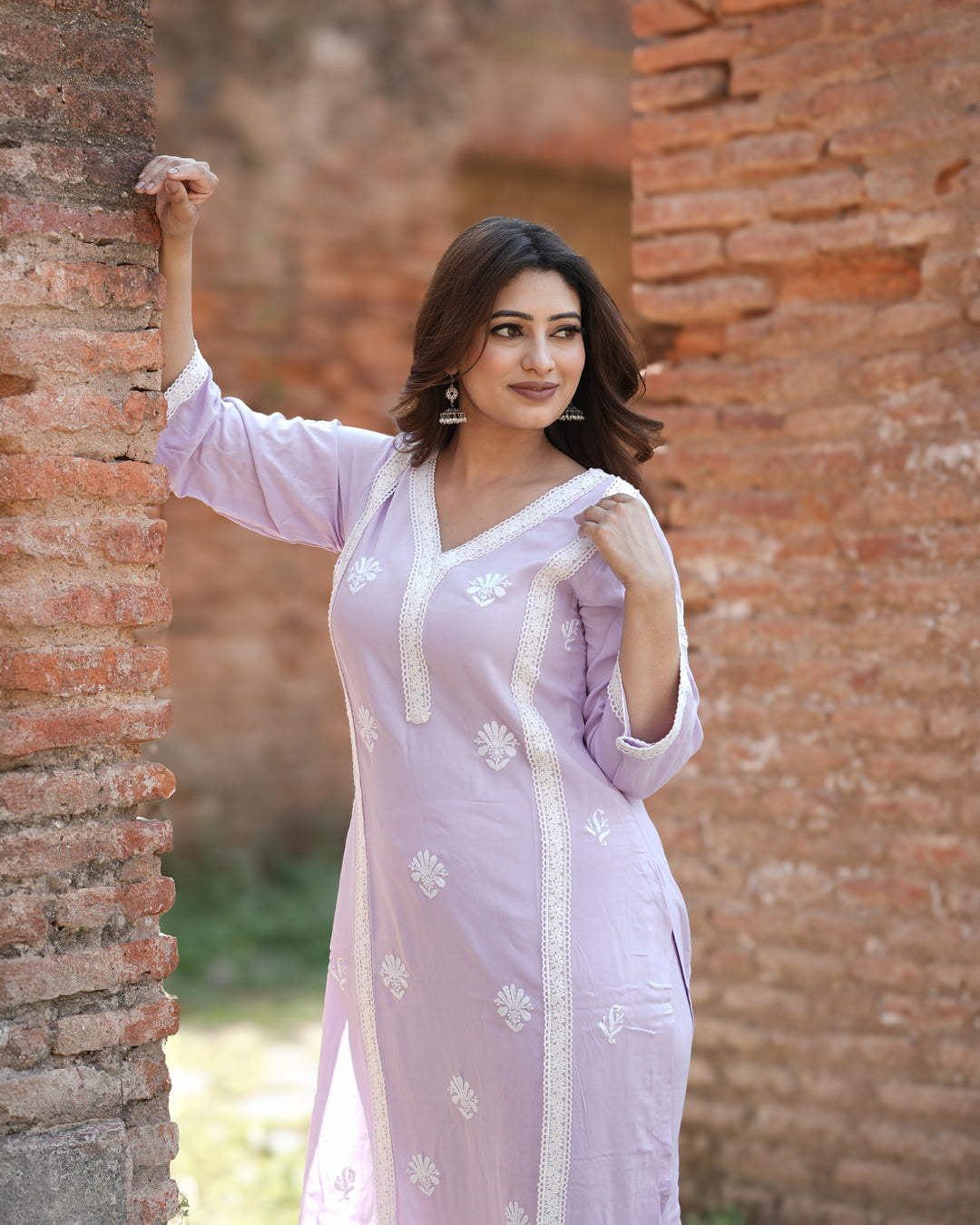 Lavender Rayon Chikankari Kurta with Pant Set-Custom Made