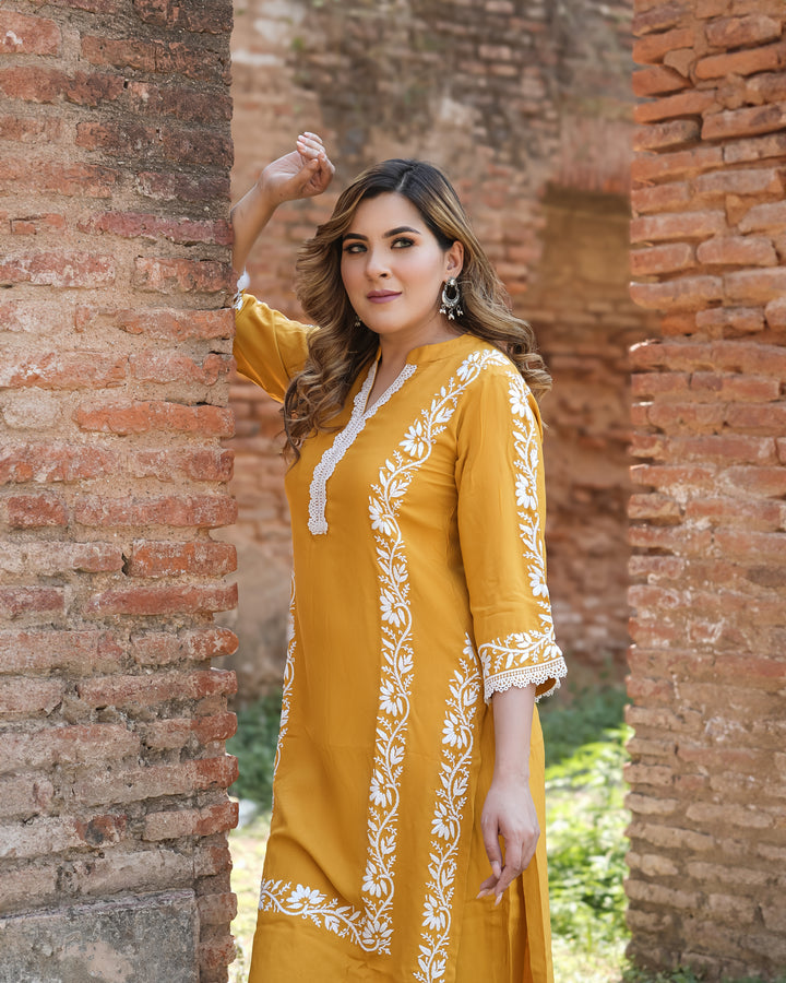 Mustard Rayon Chikankari Kurta with Pant Set - Custom Made