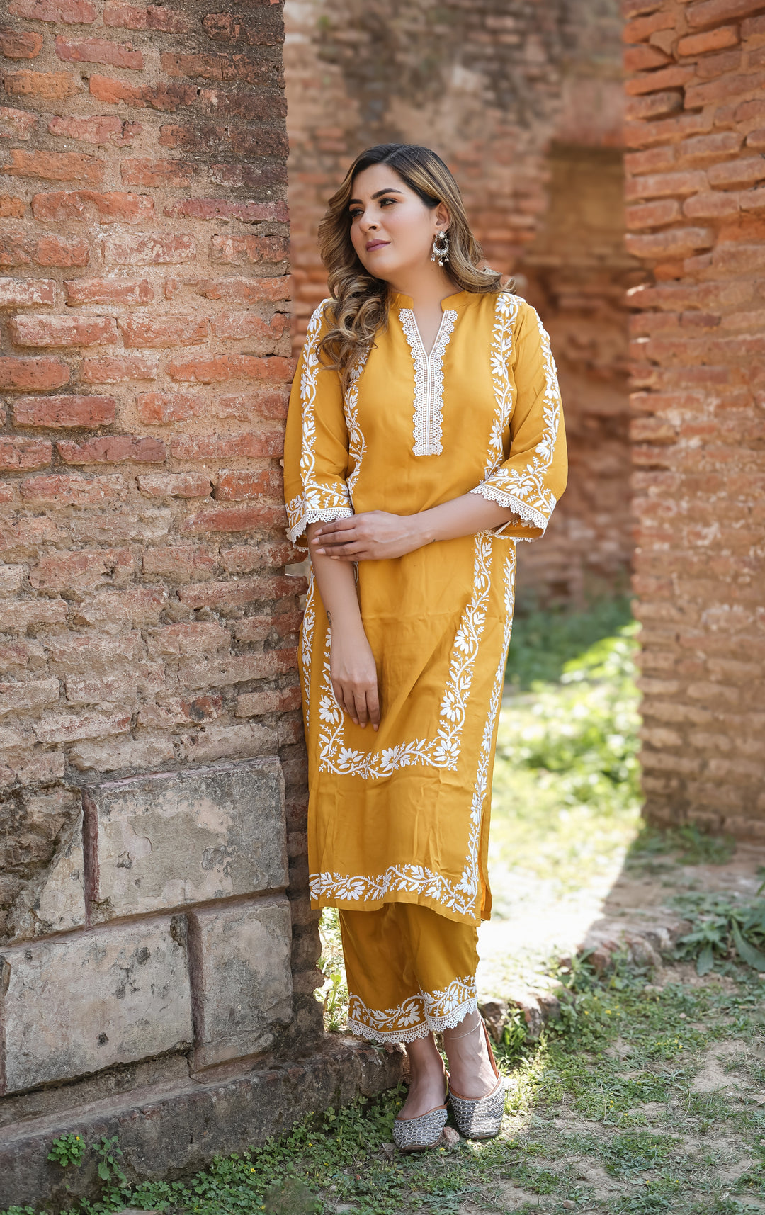 Mustard Rayon Chikankari Kurta with Pant Set - Custom Made
