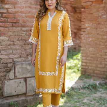 Mustard Reyon Chikankari Kurta