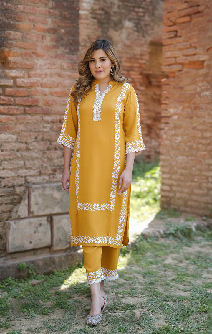 Mustard Reyon Chikankari Kurta Pant Set