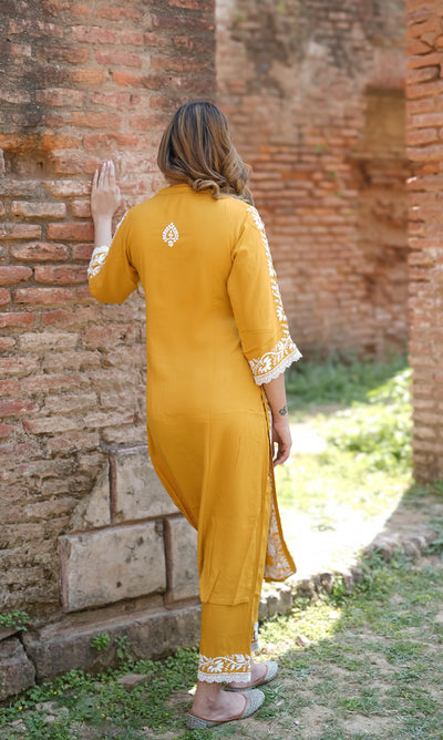 Mustard Rayon Chikankari Kurta Pant Set - Custom Made