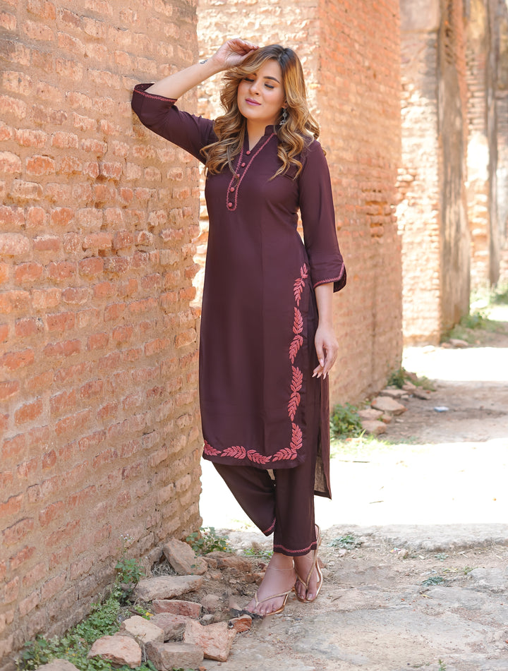 Brown Rayon Chikankari Set