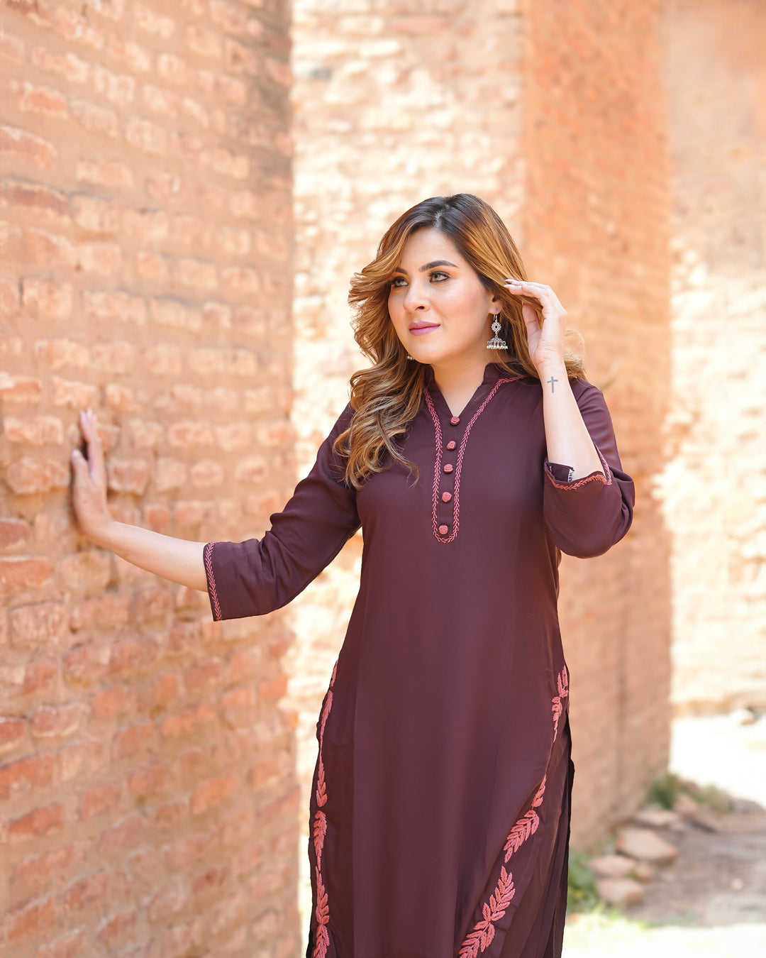 Brown Rayon Chikankari Set
