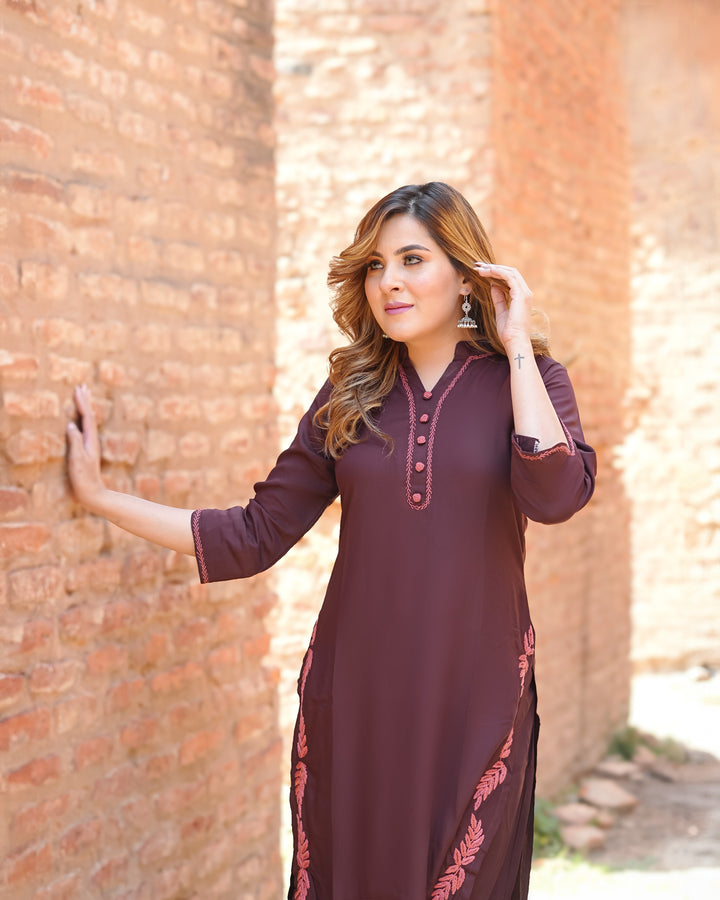 Brown Rayon Chikankari Set