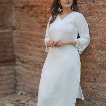 White Rayon Chikankari Kurta Pant Set