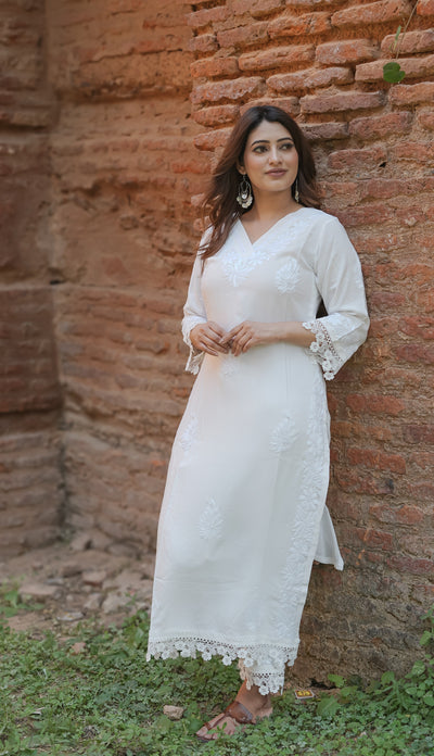 White Rayon Chikankari Kurta Pant Set