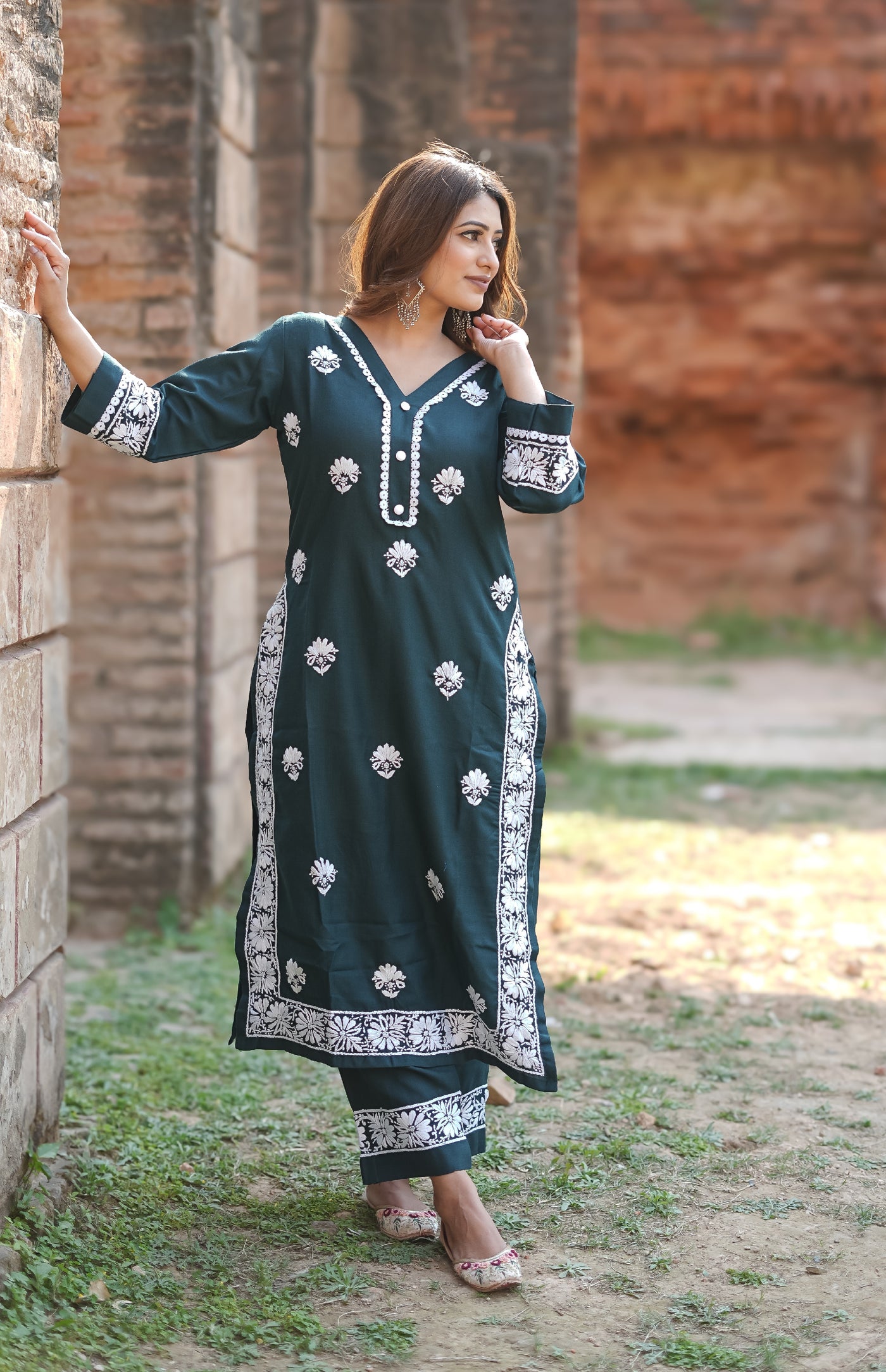 Dark green Chikankari Co-Ord Set