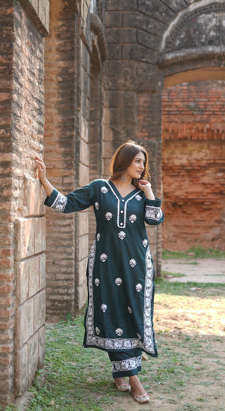 Dark Green Chikankari Co-ord set -Custom Made