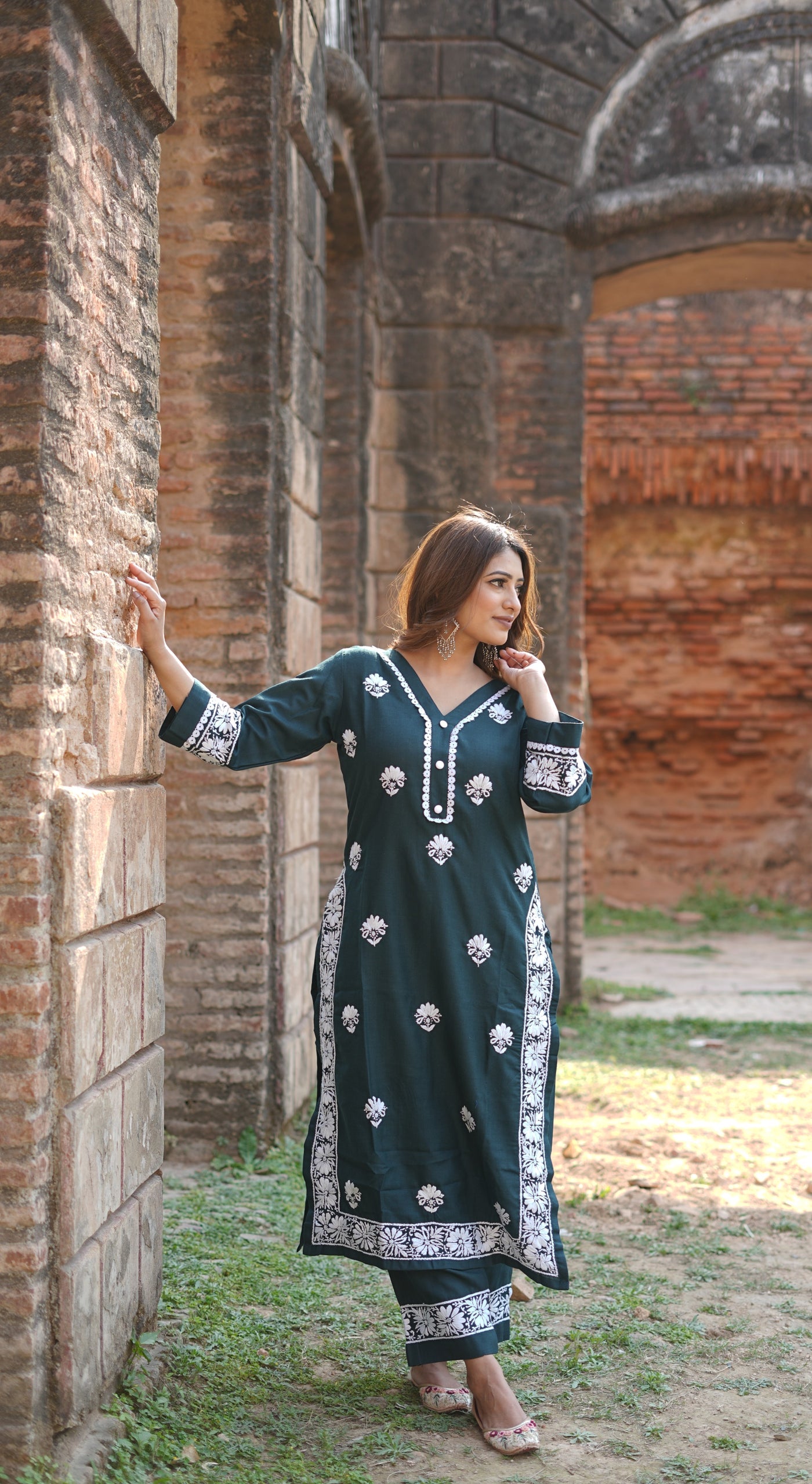 Dark Green Chikankari Co-ord set -Custom Made