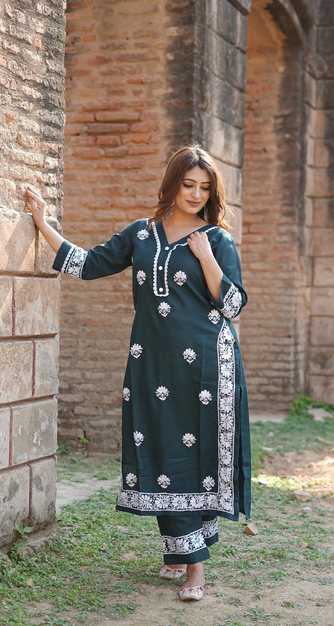 Dark green Chikankari Co-Ord Set