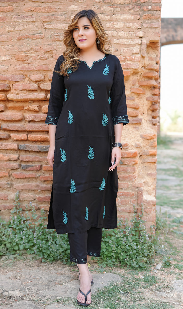 Black Rayon Chikankari Kurta With Pant Set-Custom Made