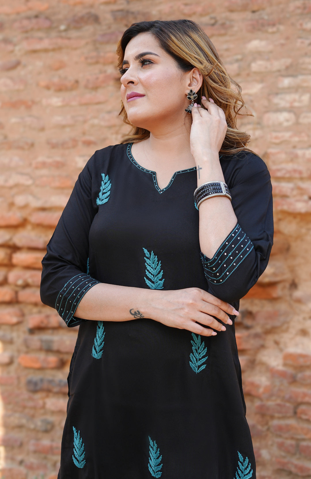 Black Rayon Chikankari Kurta With Pant Set-Custom Made