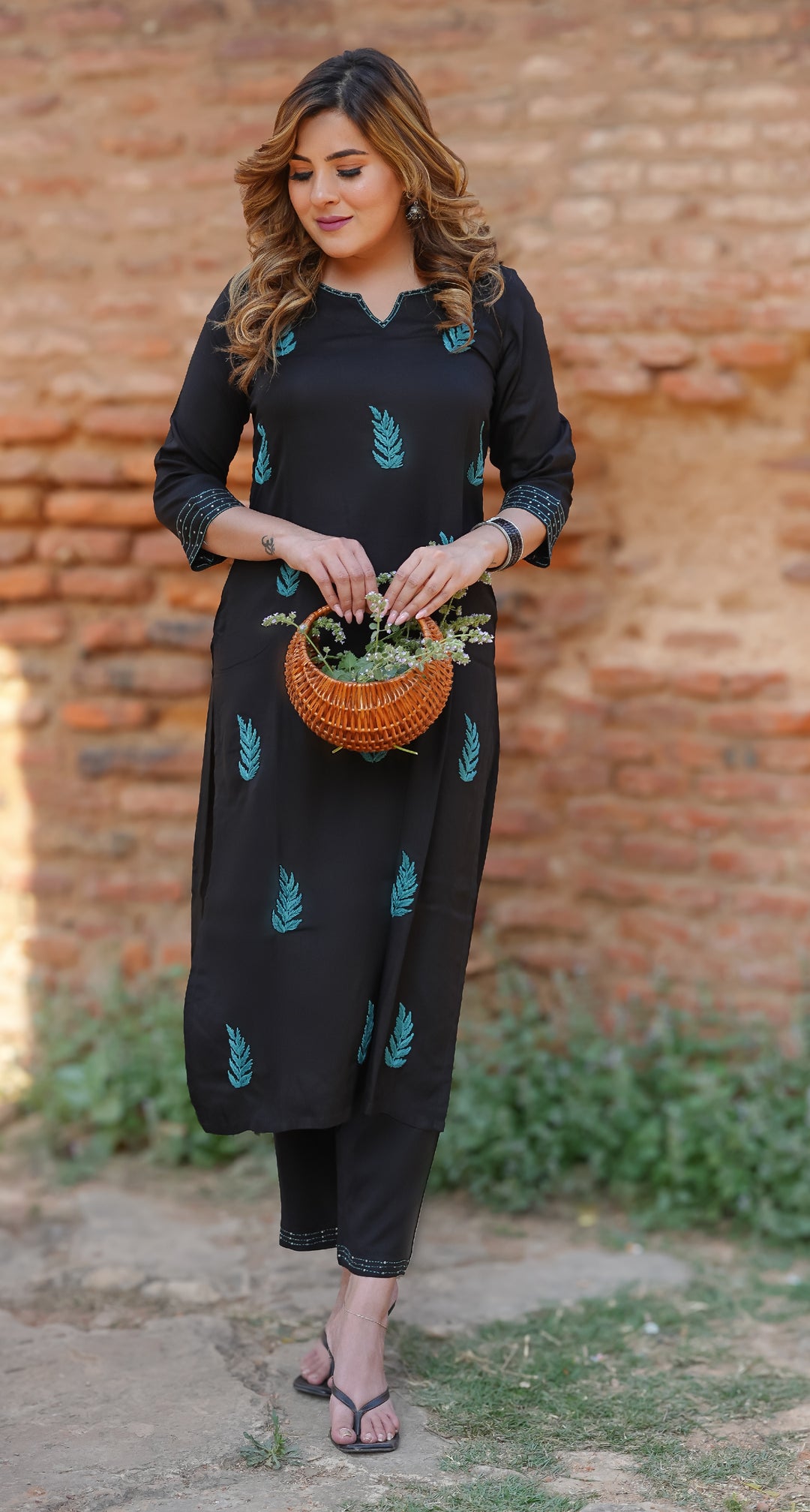 Black Rayon Chikankari Kurta With Pant Set-Custom Made