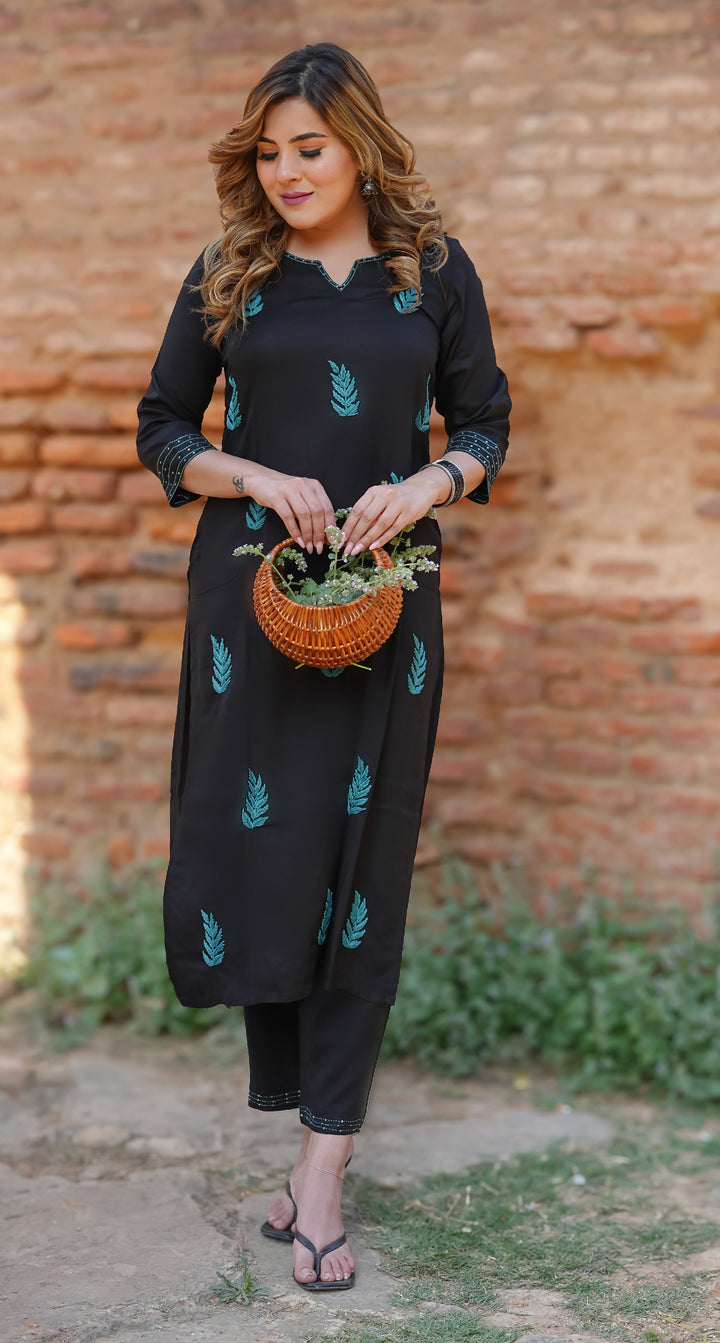 Black Rayon Chikankari Kurta With Pant Set-Custom Made