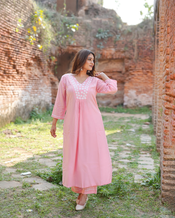 Peach Rayon A-Line Chikankari Set