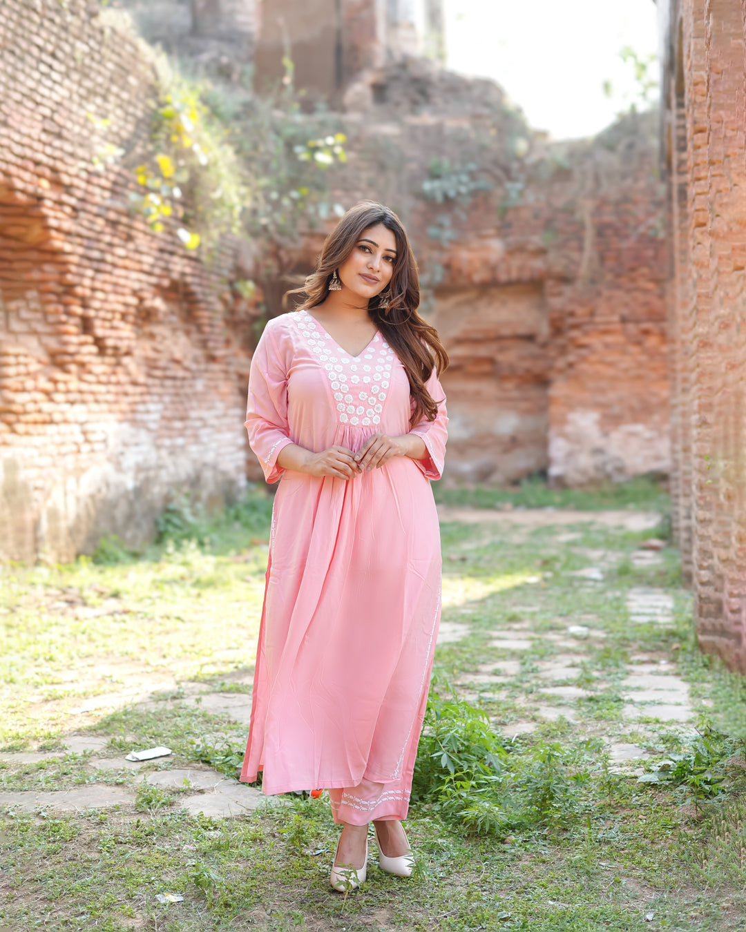 Peach Rayon A-Line Chikankari Set