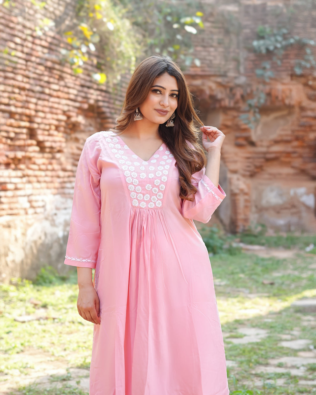 Peach Rayon A-Line Chikankari Set
