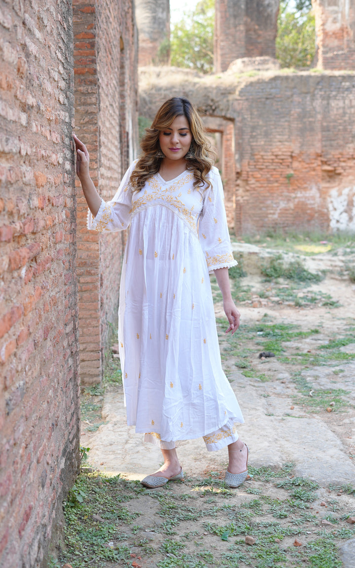 White Rayon Alia Chikankari Kurta With Pant Set- Custom Made