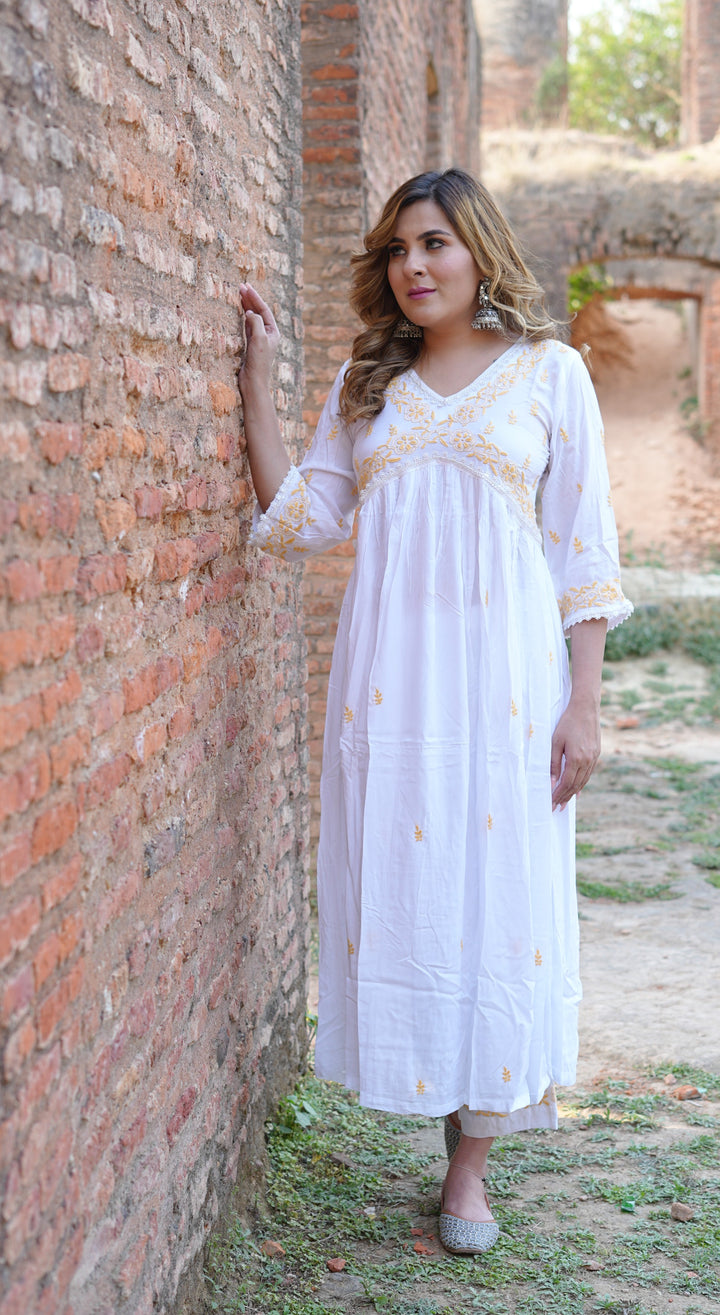 White Rayon Alia Chikankari Kurta With Pant Set- Custom Made