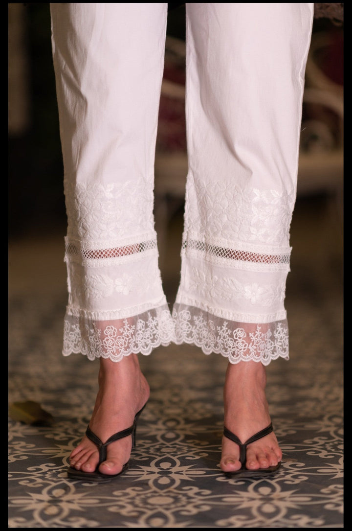 White Stretchable Cotton Chikankari Pant