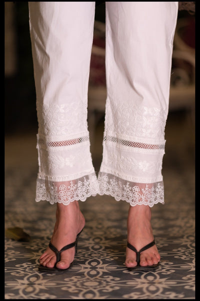 White Stretchable Chikankari Pant -Custom Made