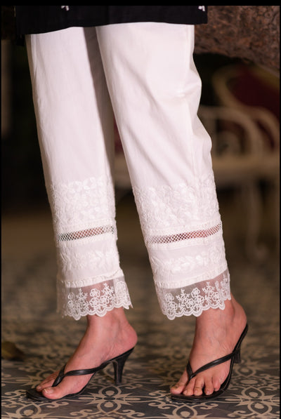 White Stretchable Chikankari Pant -Custom Made