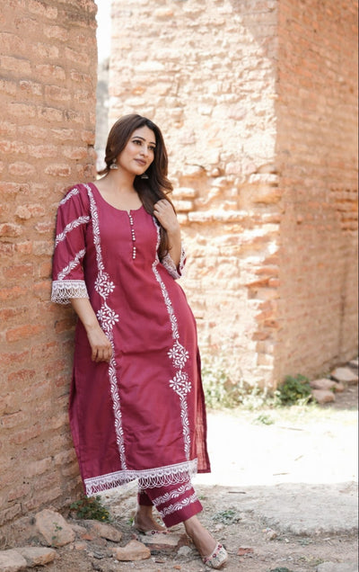 Maroon Chikankari Co-ord Set - Custom Made