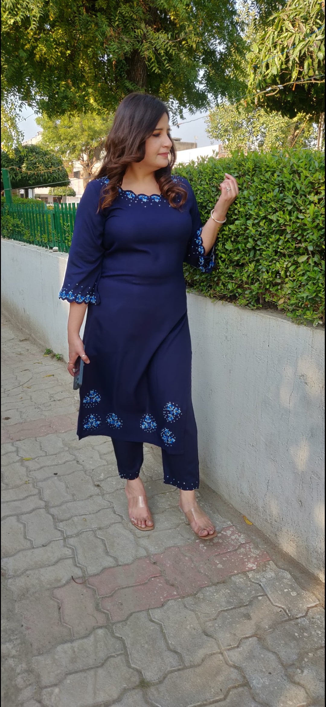 Navy Blue Rayon Chikankari Kurta with Pant Set- Custom Made