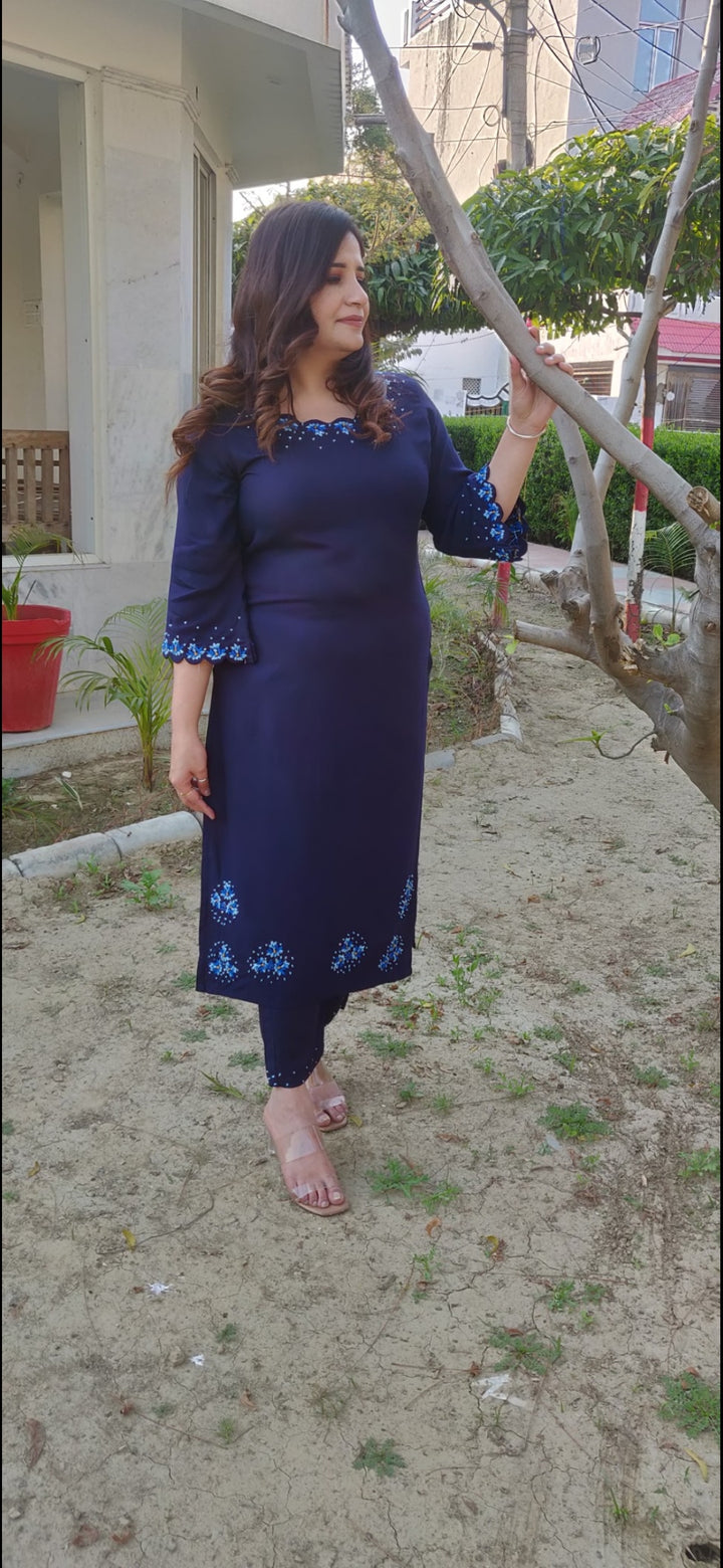Navy Blue Rayon Chikankari Kurta with Pant Set- Custom Made