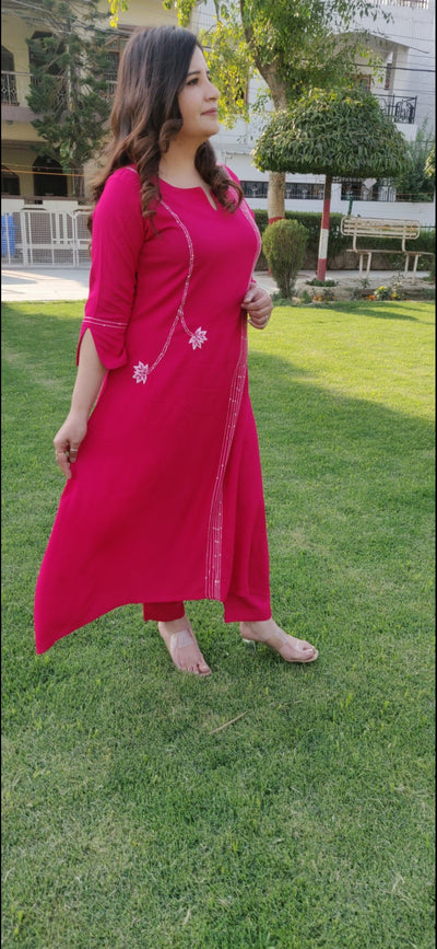 Rani Pink Rayon Kurta Pant Set -Custom Made