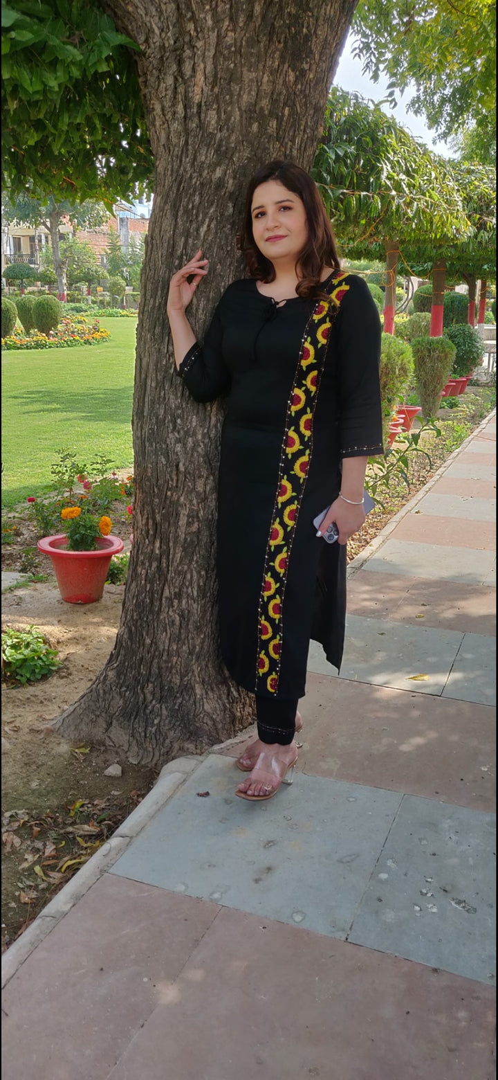 Black Rayon Chikankari Kurta With Pant Set -Custom Made