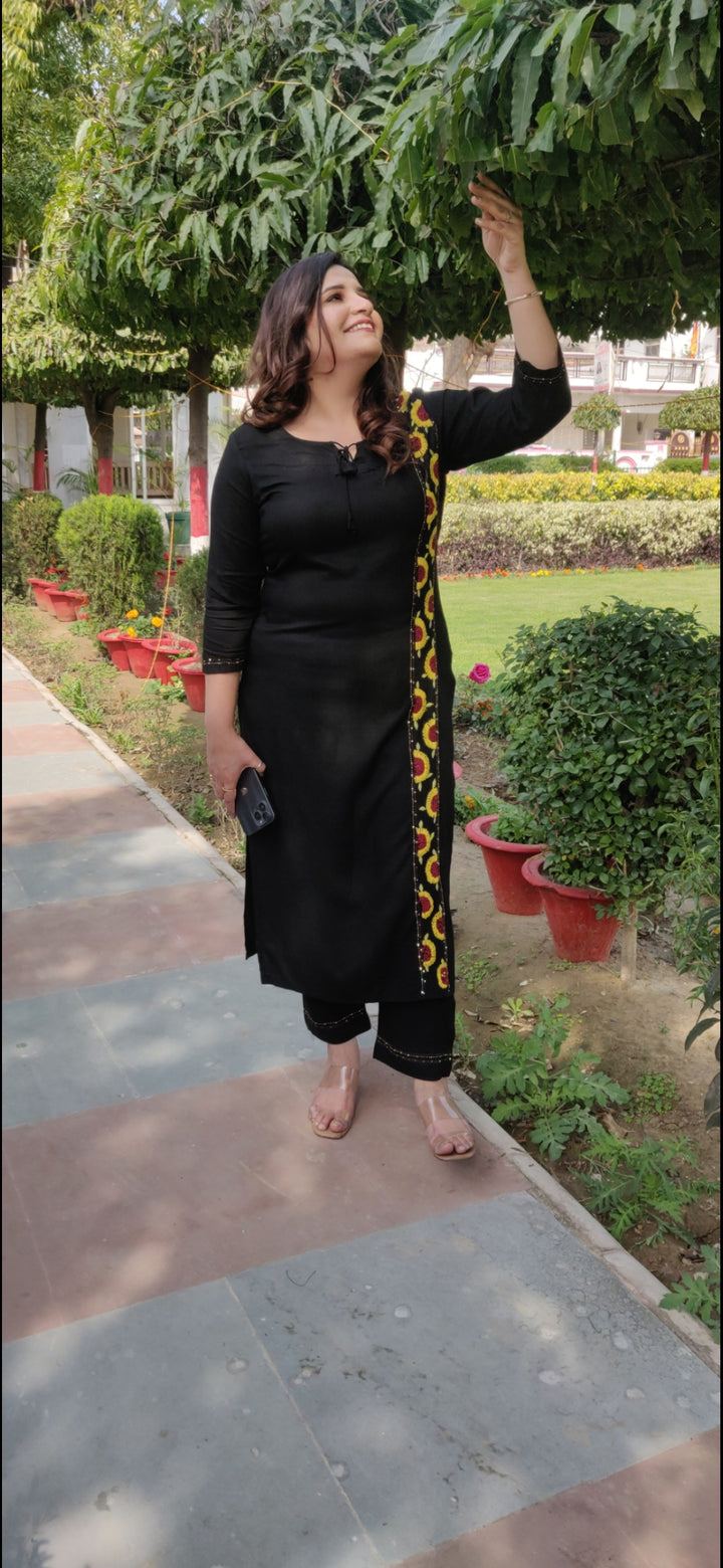 Black Rayon Chikankari Kurta With Pant Set -Custom Made