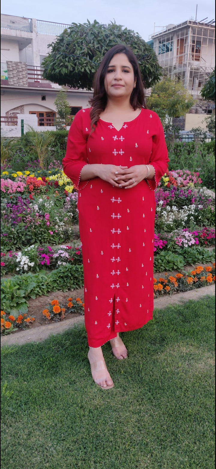 Red Rayon Chikankari Kurta With Pant Set -Custom Made