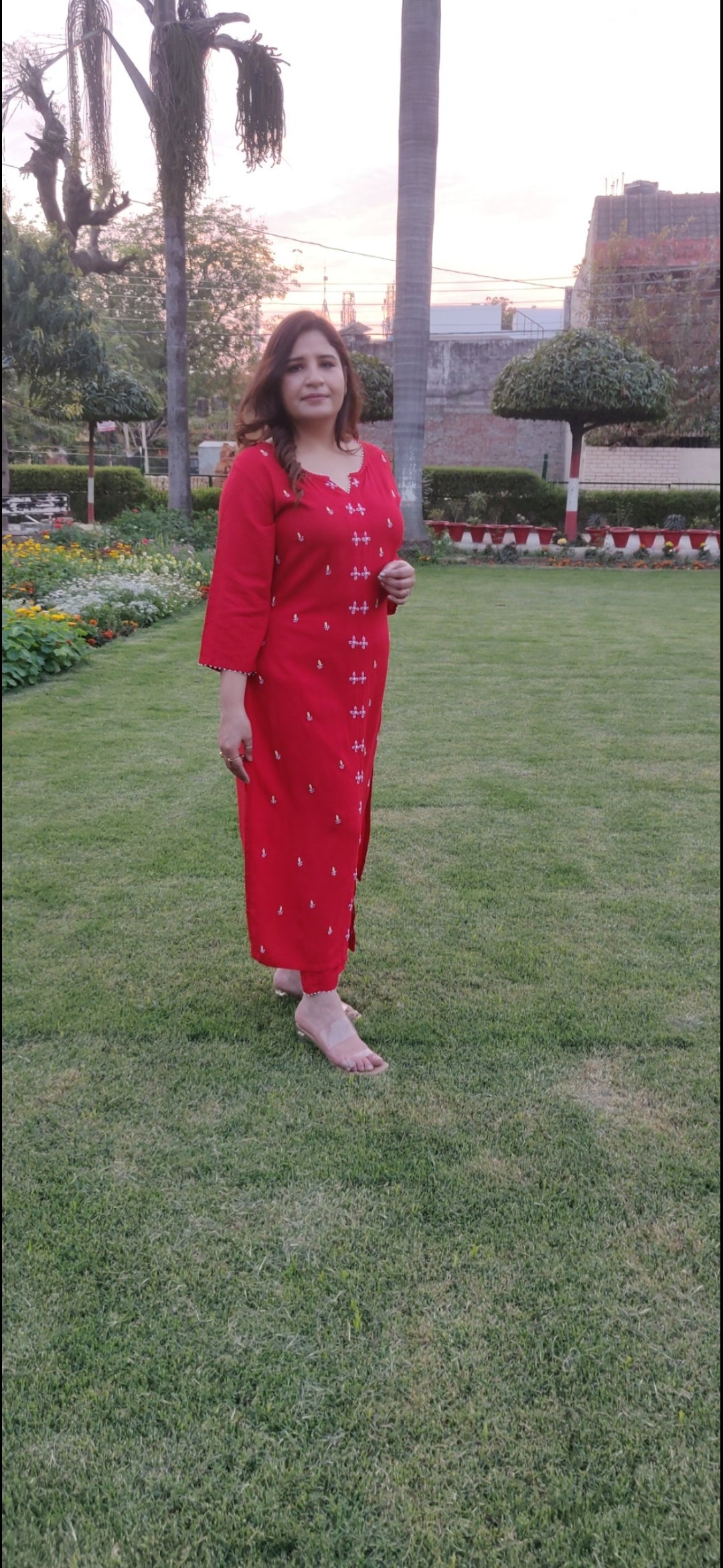 Red Rayon Chikankari Kurta With Pant Set -Custom Made