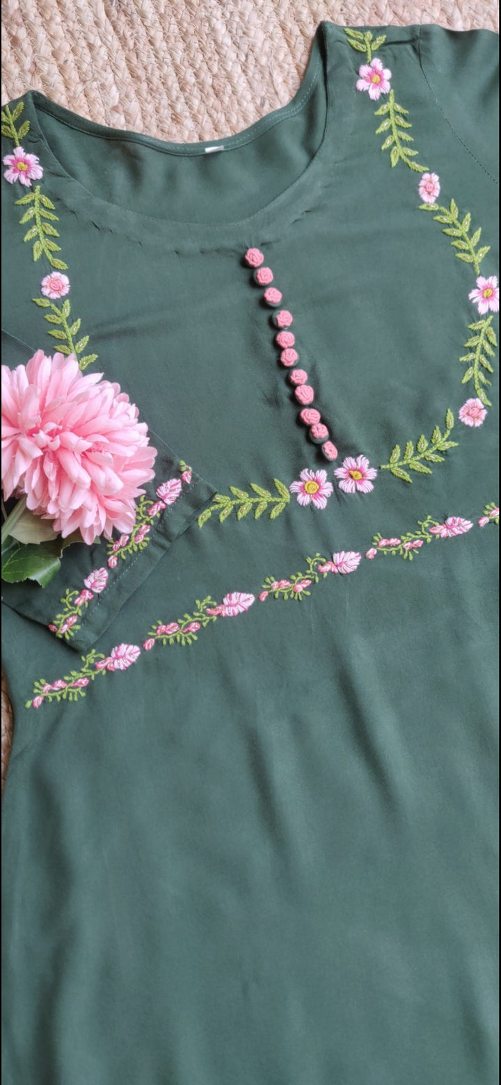 Mehndi Green Rayon A-Line Chikankari Suit Set -Custom Made