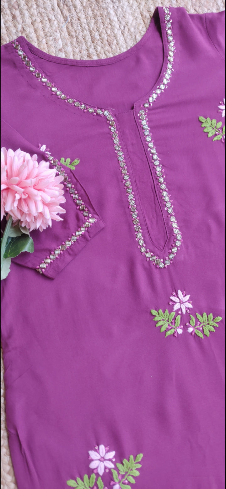 Wine Rayon Chikankari Kurta Pant Set